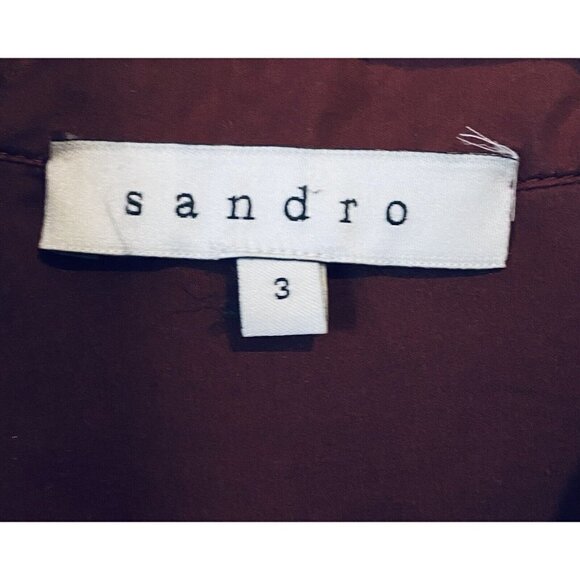 Sandro Top Womens 3/Large Button Up 3/4 Sleeve Split Back Maroon Silk Blouse - Picture 4 of 5